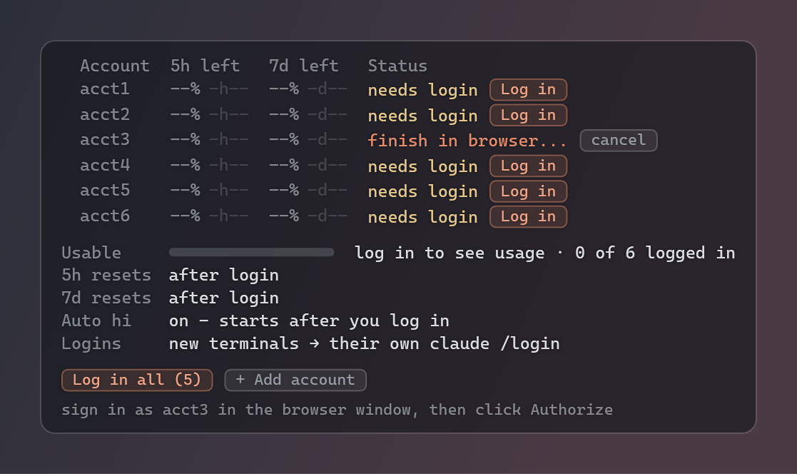 claude-pool widget before login: Log in buttons per account, Log in all, Add account